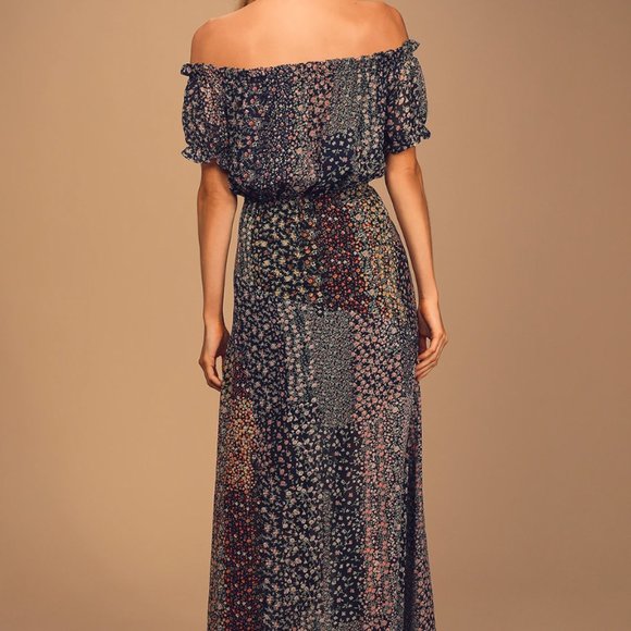 Lulu's Neva Navy Blue Floral Print Off-the-Shoulder Maxi Dress - Picture 4 of 8